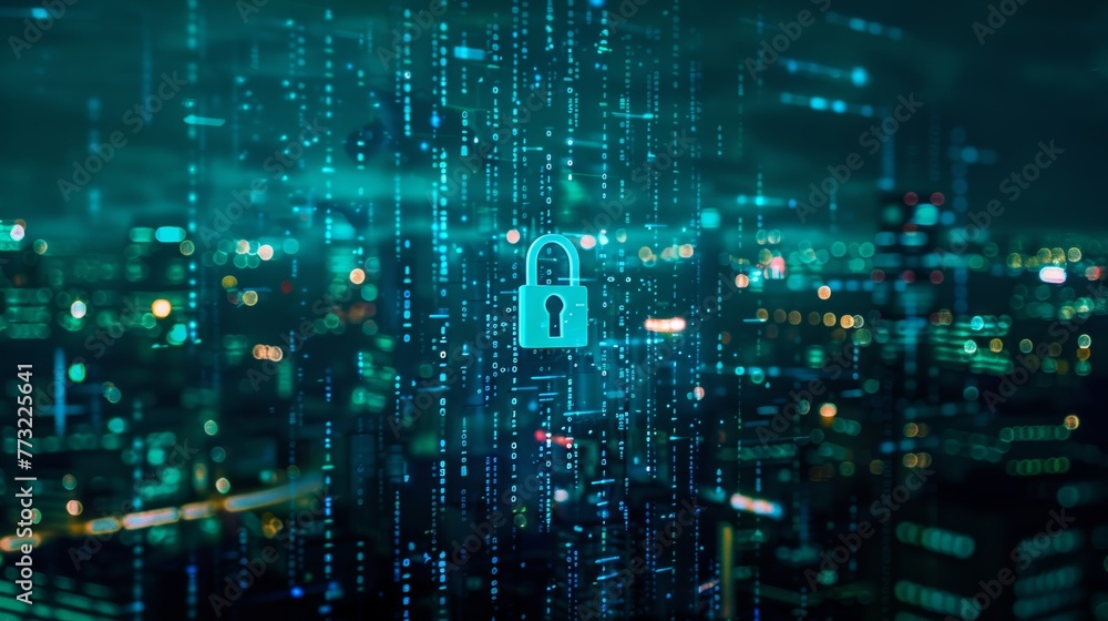 Poster the concept of cyber security data protection is shown on a city background.