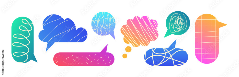 Poster set of gradient dialogue cloud templates in y2k style. empty round, cloudy chat design with scribbli