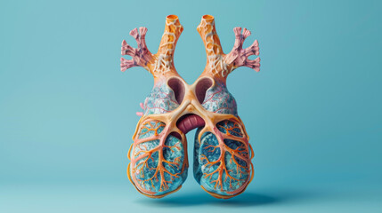 A highly detailed anatomical model of the human heart for educational use, set on a light blue background.