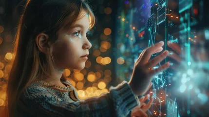 Foto op Aluminium Young girl marveling at futuristic digital technology display, touching screen with glowing interactive icons. Concept of childhood curiosity and tech innovation. © Postproduction