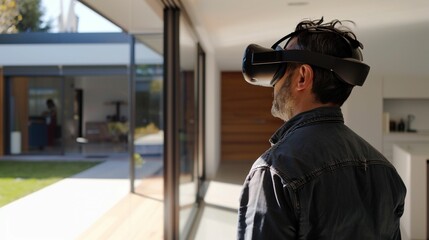 Obraz premium réalité virtuelle et architecture, personne qui visite une maison avec un casque VR. illustration ia générative