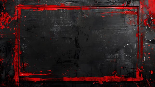 Bold red strokes forming rectangular lines on textured black wall, red grunge edge print on dark backdrop