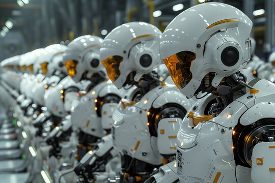 Line of humanoid robots in factory setting