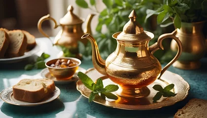 Selbstklebende Fototapeten Golden teapot with mint © Salwa
