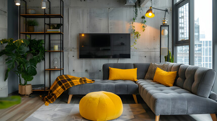 Conception de salon loft moderne : un havre de paix sophistiqué avec un canapé capitonné gris,...