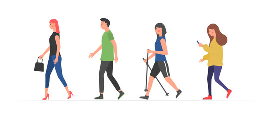 People on the street in different activity situations - dog walking, running, relaxing. Walking people. Various characters outdoors physical activity. Humans strolling with smartphones.
