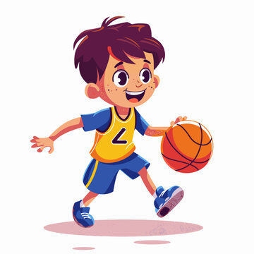 Cartoon boy playing basketball. Vector illustration isolated on white background.