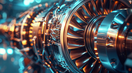 A close-up view of a futuristic industrial gas turbine engine, showcasing advanced engineering equipment, symbolizes the power and innovation at the heart of the heavy industry concept. - obrazy, fototapety, plakaty