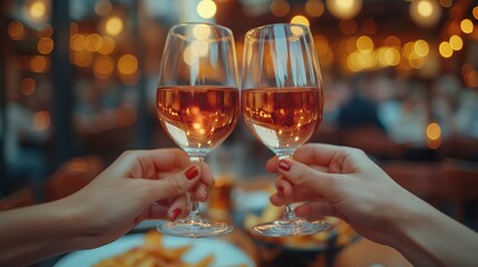 Close up of female hands clinking glasses of rose wine in restaurant. Anniversary celebration. Romance, Concept of holidays, celebration, events.