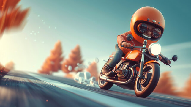 A dynamic image capturing a stylized character on a motorcycle speeding through a fantastical autumnal landscape.