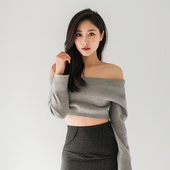 Pretty Young Chinese Woman in Off-the-Shoulder Sweater and Midi Skirt photo on white isolated background - obrazy, fototapety, plakaty