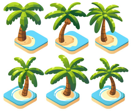 Isometric Palm Trees on a Sandy Beach, Summer Vaction, Paradise Islands, Tropical Tree, Vector Illustration