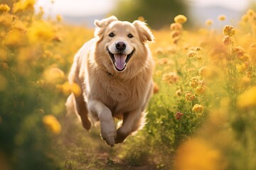 a dog running through a field of flowers - obrazy, fototapety, plakaty