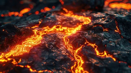  Molten lava texture flowing like fiery river on rocky background © Postproduction