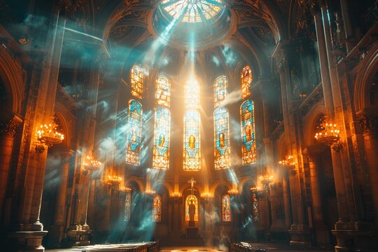 Sun rays pierce through stained glass windows and cast a pattern