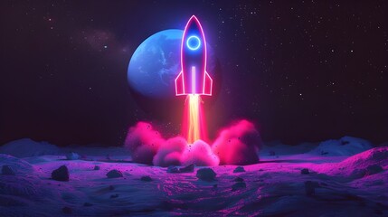 Rocket taking off with fire and smoke over neon glowing light. Spaceship launch on black background.
