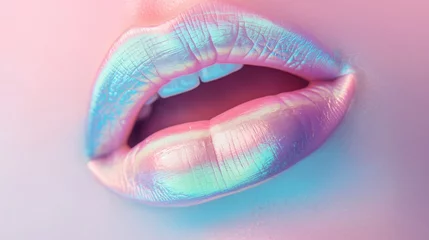 Foto op Plexiglas Close up glossy holographic chrome metal woman lip. © Pro Hi-Res