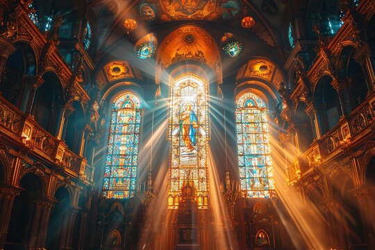Sun rays pierce through stained glass windows and cast a pattern