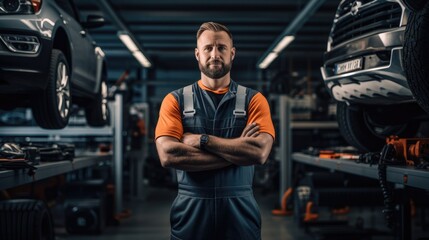 professional mechanic, worker working repair leaning under a vehicle in a garage, Auto car repair service center. Mechanic examining car suspension, Generative AI