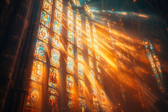 Sun rays pierce through stained glass windows and cast a pattern