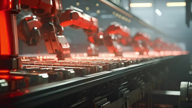 Arm of automobile production line. Large production line with industrial robot arms at modern factory. Automated Manufacturing Facility	