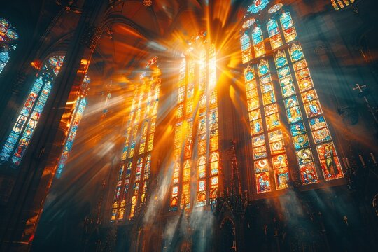 Sun rays pierce through stained glass windows in a Church