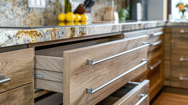 An image of Modern Kitchen drawers and Granite Countertop