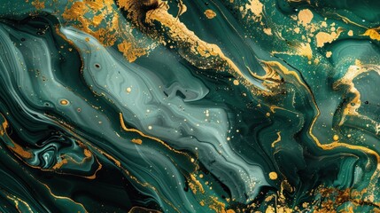 Modern art design with golden watercolor foil and emerald background. - obrazy, fototapety, plakaty