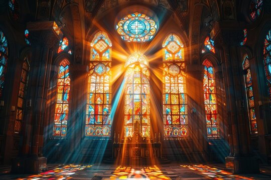 Sun rays pierce through stained glass windows in a Church