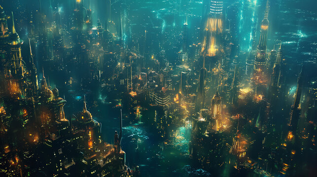 A vast futuristic underwater city glowing with bioluminescent lights. It is the home of mermaids and sea creatures