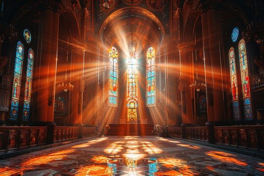 Sun rays pierce through stained glass windows in a Church