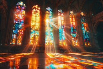 Obraz premium Sun rays pierce through stained glass windows in a Church
