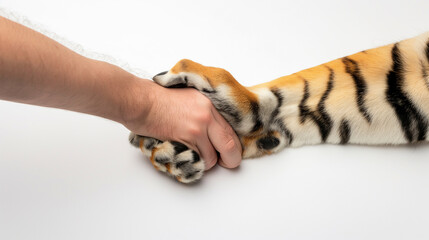 Humano apertando a pata de um tigre - Conceito  aperto de mãos no fundo branco