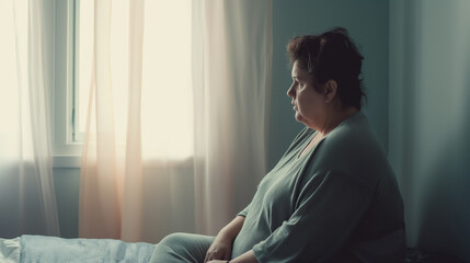Mulher acima do peso sentada na cama em depressão e tristeza  - obrazy, fototapety, plakaty