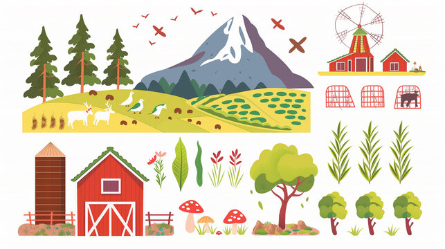 Set de elementos de fazenda e rural - Ilustração 