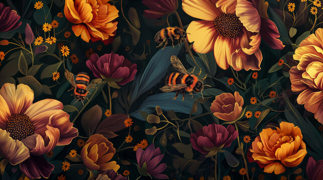 Abelhas e flores - Ilustração retro
