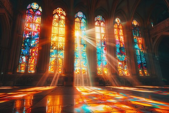 Sun rays pierce through stained glass windows in a Church