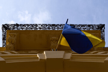Lviv / Ukraine: Sky view with Ukrainian flag and balcony