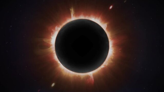 Eclipse with Red Orange Solar Flares 4K Loop features a sun with red and orange solar flares and a darkened moon covering it for a full solar eclipse in a loop.