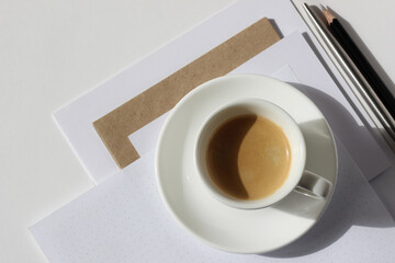Fresh Espresso, Checklist, Envelopes, Cards, Stationery Layout on Studio Office Desk. Business...