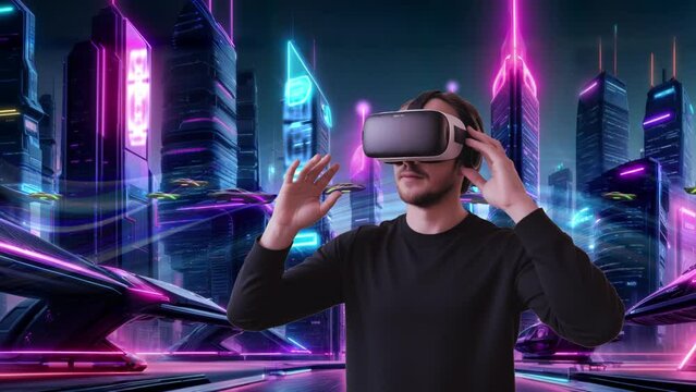 Man wearing VR headset in future