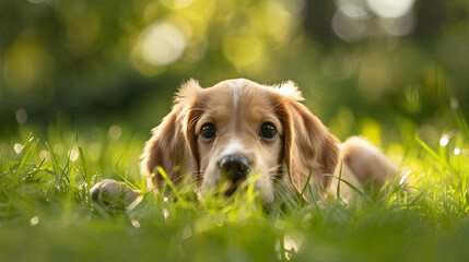 Frolics ludiques de chiots : une vue joyeuse d'un petit chien courant avec des oreilles tombantes dans un jardin luxuriant