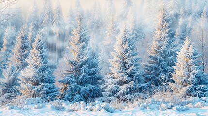 The scene depicts a winter forest in freezing temperatures, where the trees are covered in snow,