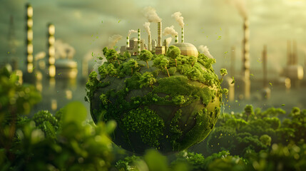 Eco-Industrial Paradise: A Sustainable Planet Thriving with Clean Air Clouds and an Eco-Factory Sketch - obrazy, fototapety, plakaty