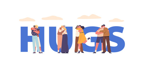 Characters Hug Concept. People Embrace With Arms Wrapped Around Each Other, Exchanging Warmth, Comfort