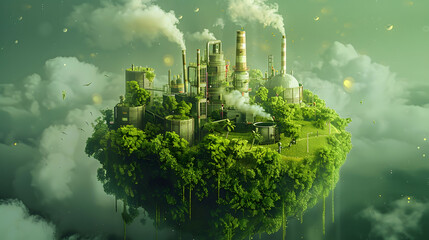 Eco-Industrial Revolution: A Planet Thriving on Clean Air and Sustainable Manufacturing, Illustrated by a Leafy Cloud and Cartoon Sketch of an Eco-Factory - obrazy, fototapety, plakaty