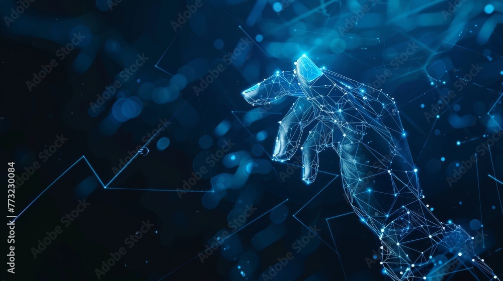 Fototapete The use of artificial intelligence (AI) with machine deep learning and data mining and another modern computer technology is used to interact with UI by hand touching low polygon icons.
