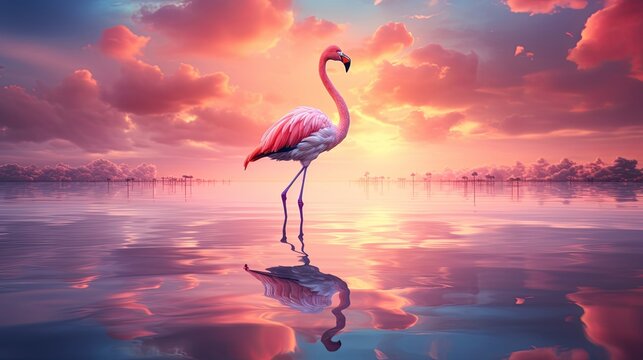 A flamingo stands on one leg on a cloud drifting over a pink-tinted lake at sunset, macro photography