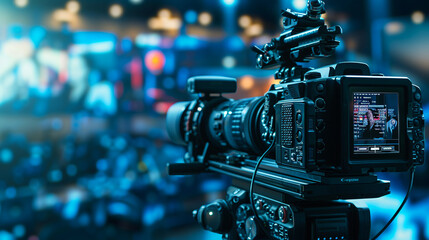 A high-tech video camera with a digital display zooms in on an interview, set against a blurred studio background, highlighting the intricate processes in television and movie production. - obrazy, fototapety, plakaty