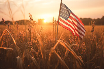 A large American flag is flying in a field of tall grass. The sun is setting, casting a warm glow over the scene. The flag is the focal point of the image, and the grassy field provides a peaceful - Powered by Adobe